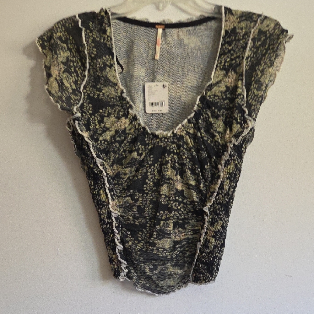 FP Movement by Free People Lace Ruffle Blouse - Black and Cream